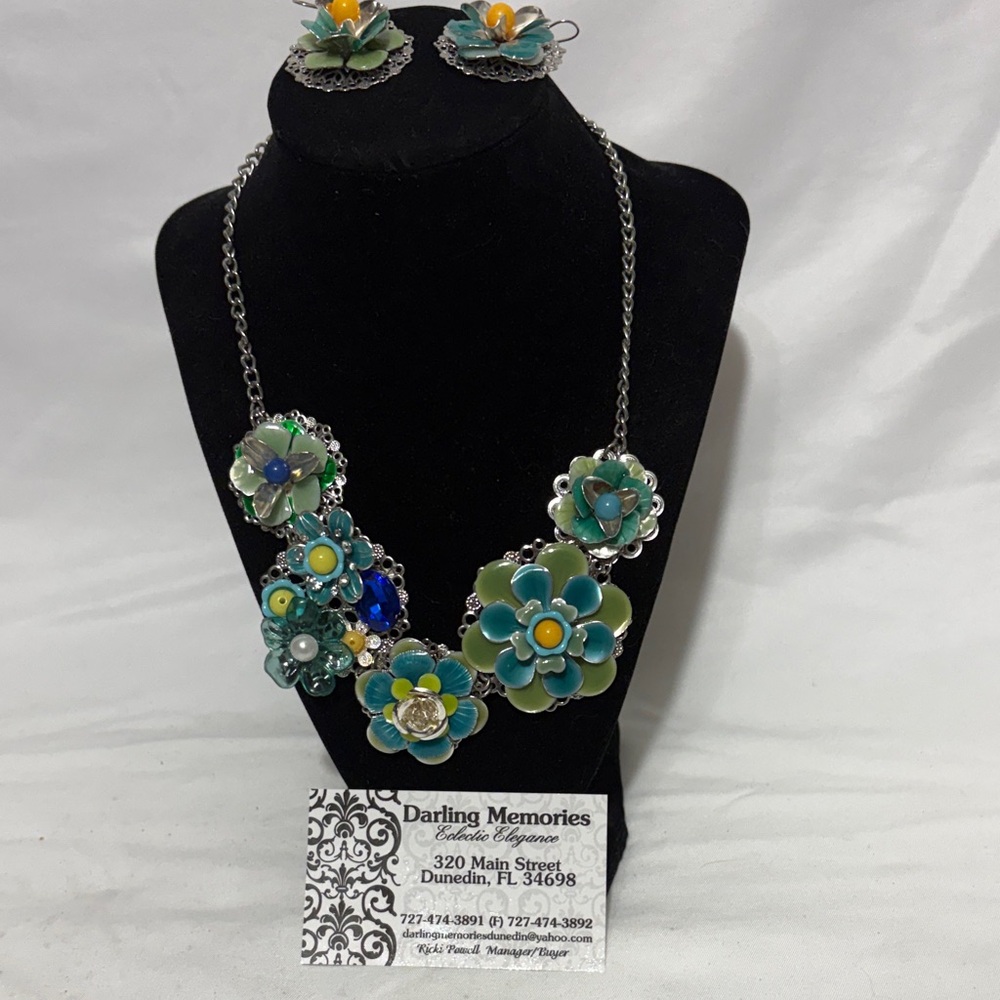 Floral Statement Necklace - Green and Blue